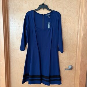 MODCLOTH BlueFit-and-Flare Dress with Black Hem Stripes
